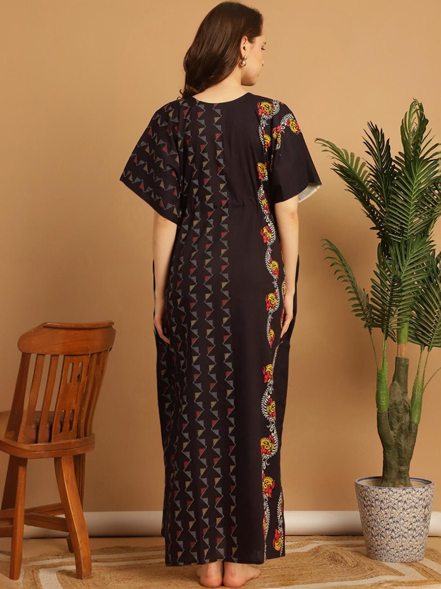 Secret Wish Black Cotton Printed Kaftan