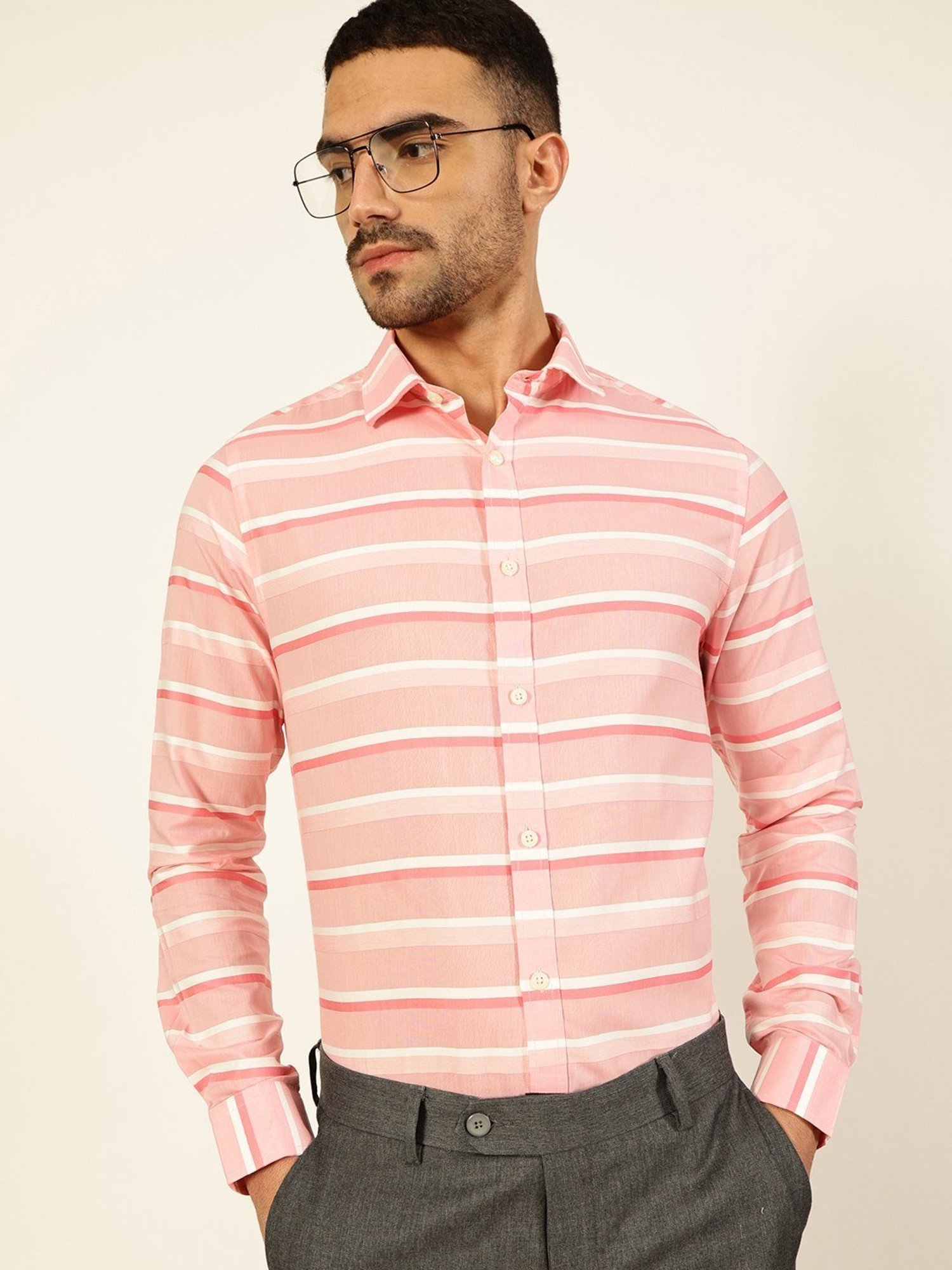 Thomas Scott Medium Pink Cotton Regular Fit Striped Shirt