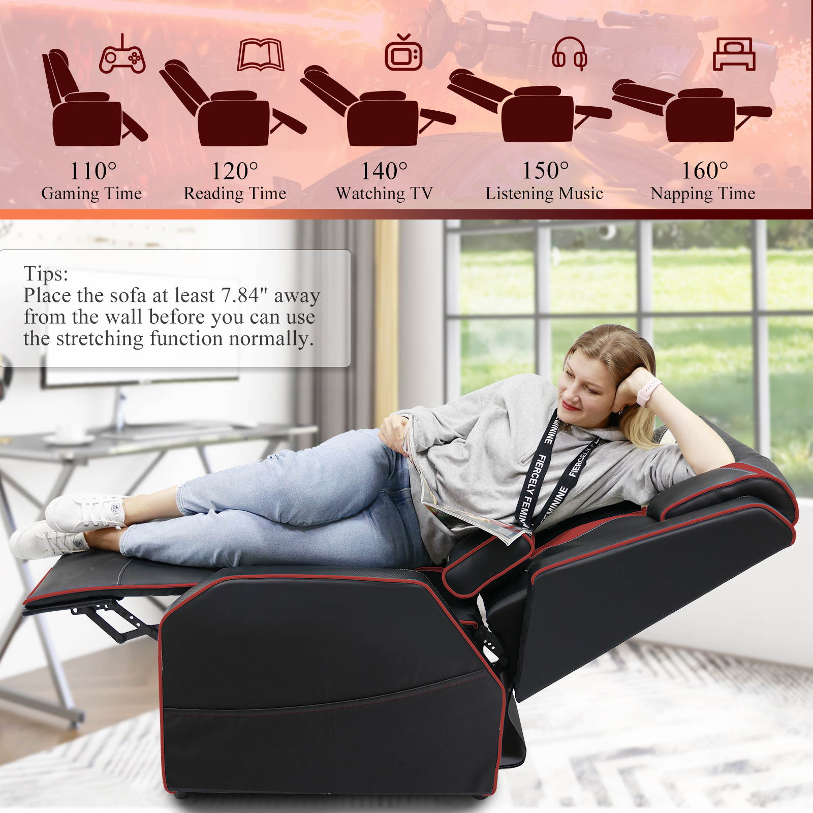 Gaming Recliner Chair Racing Style Single PU Leather Sofa Comfortable Living Room Recliners Ergonomic Adjustable Home Theater Seating - Red