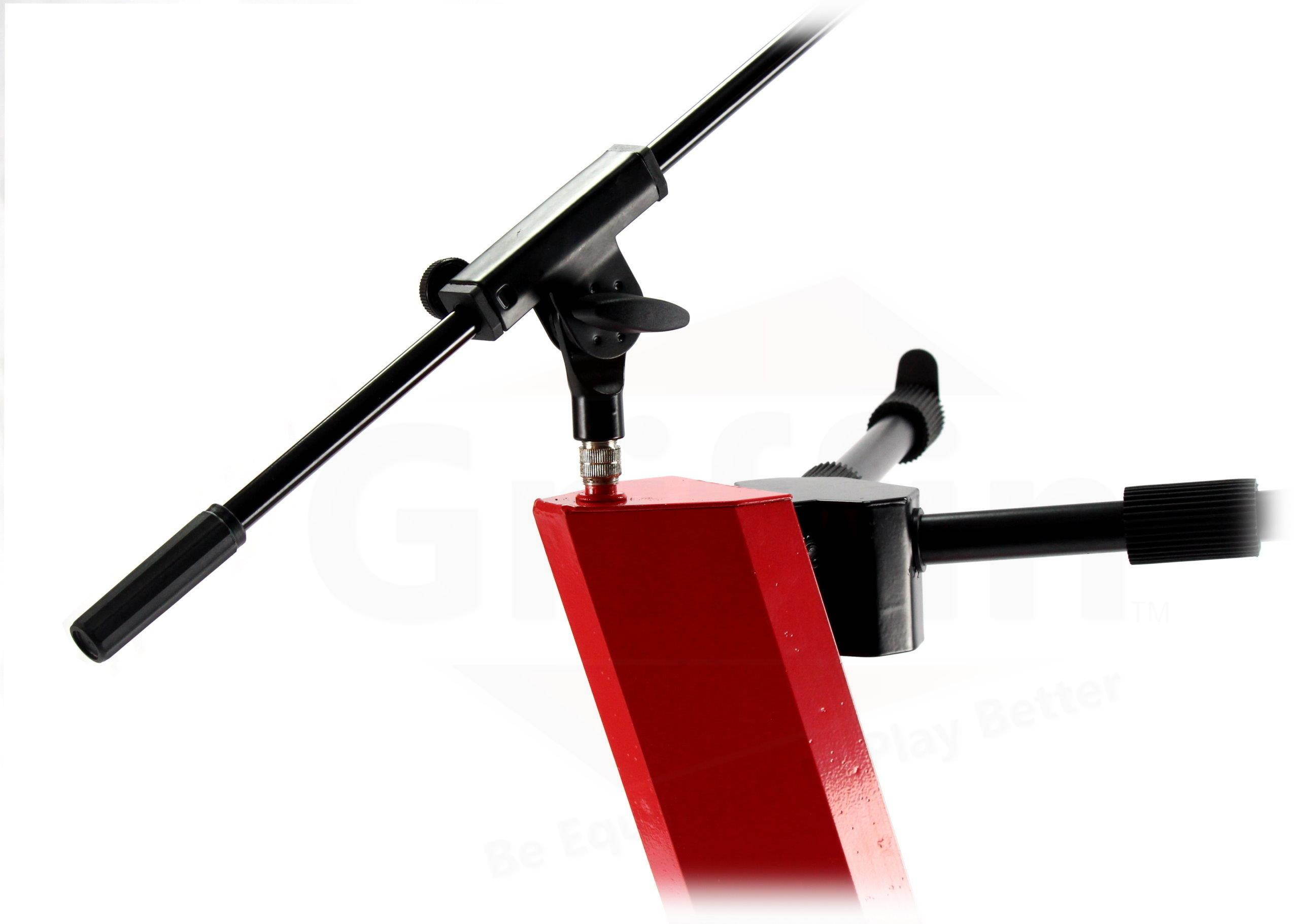 2-Tier Column Keyboard Stand with Mic Boom Arm by GRIFFIN | Double Sliding Multi Mounting Platform Red Stage Tower Rack | Holder for Digital Piano, Turntable, DJ Audio Gear, Studio Laptop Synthesizer