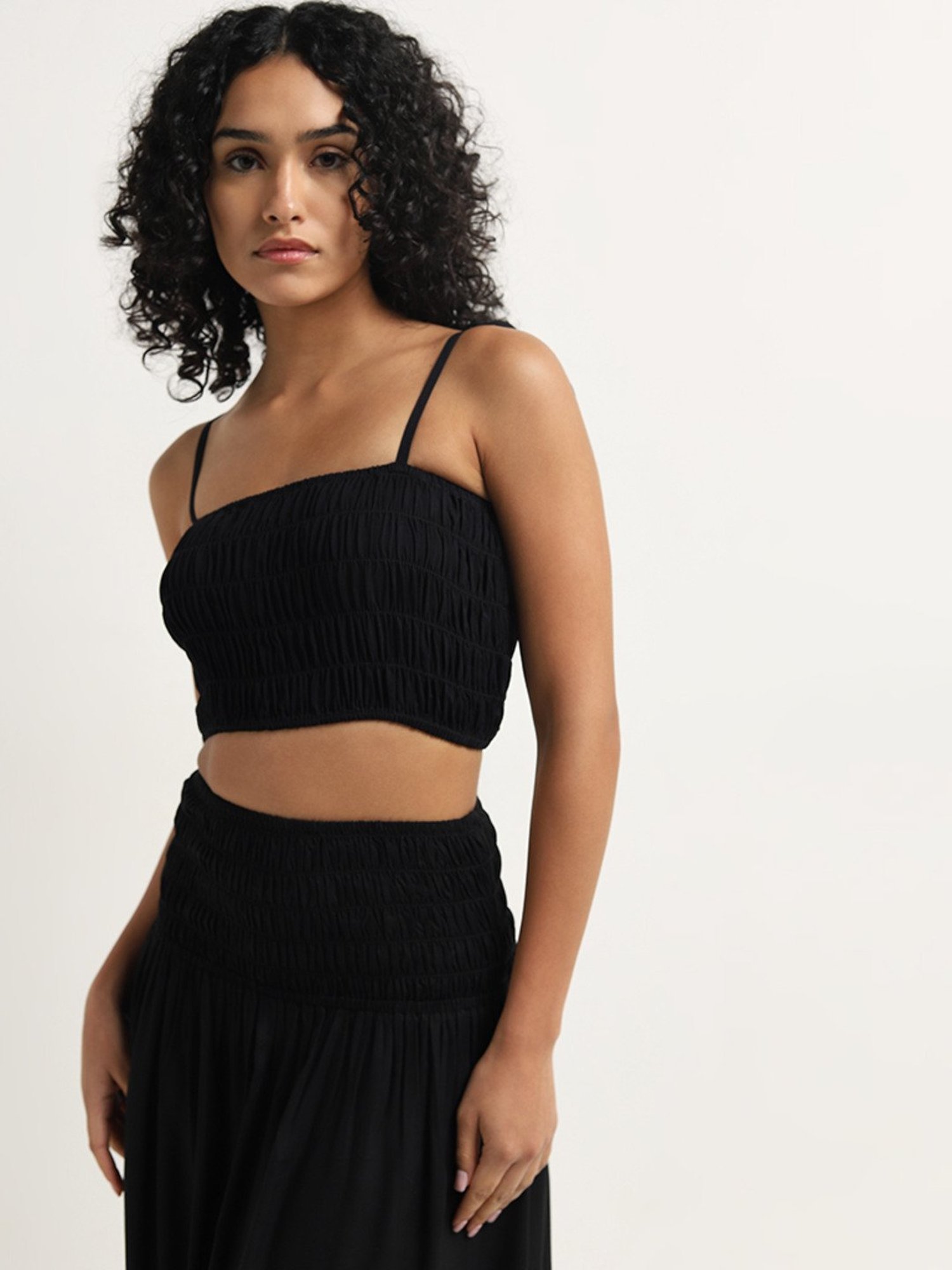Wunderlove by Westside Black Smocked Cotton Crop Top