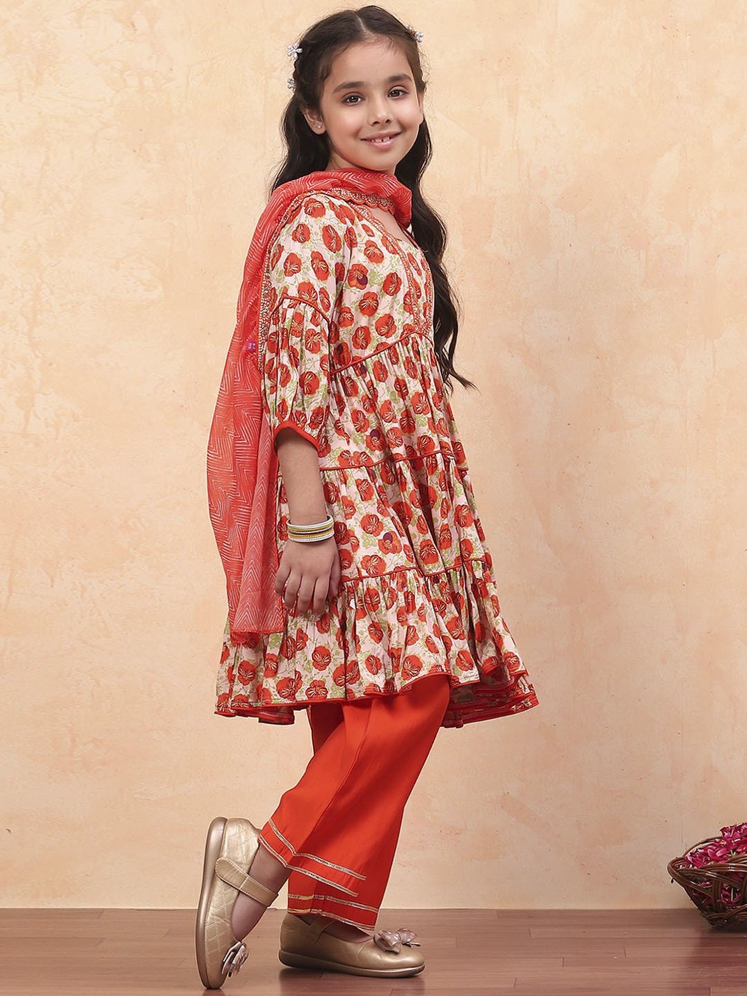 Biba Girls Orange Floral Print Suit Sets