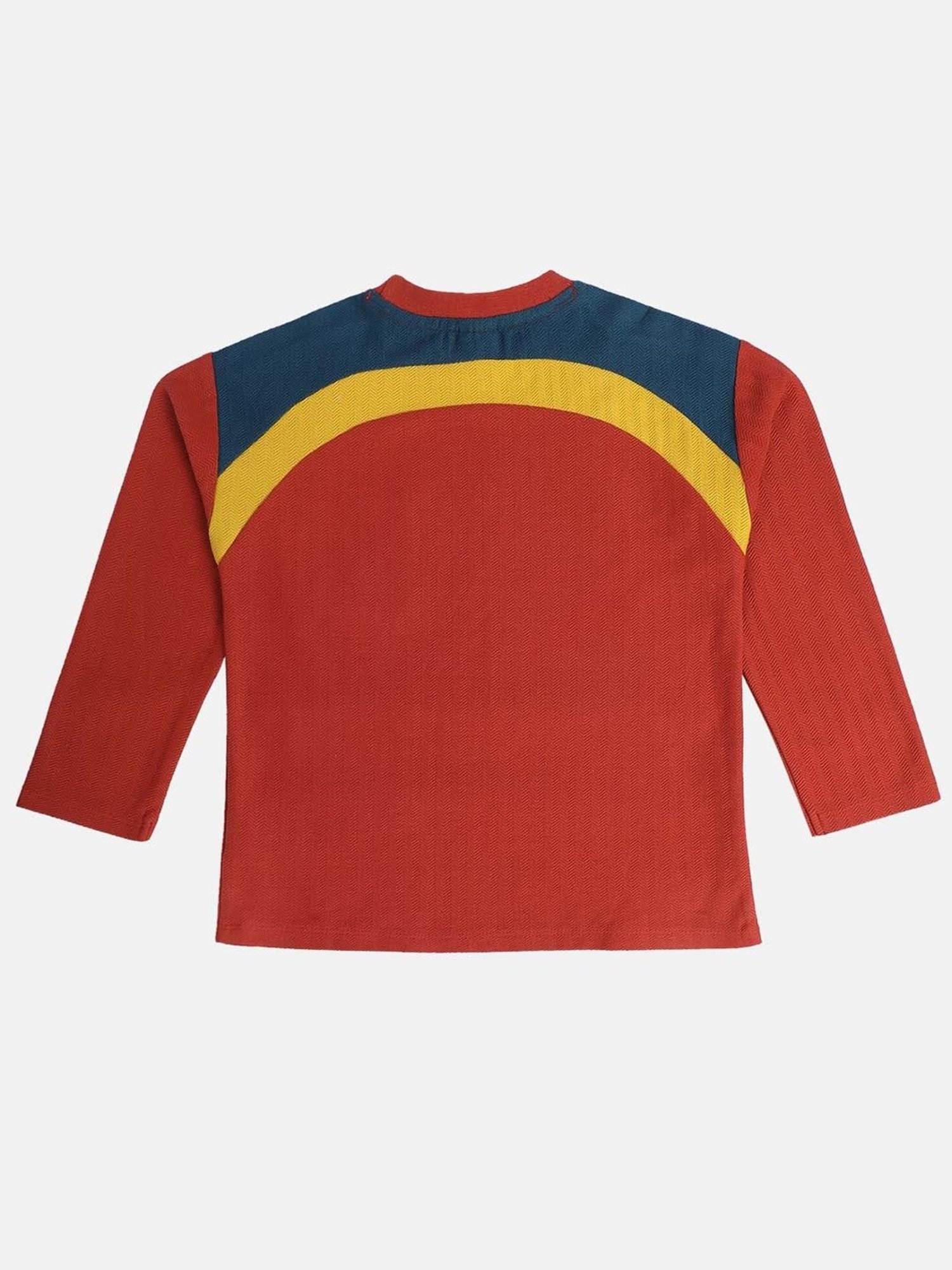 MINIKLUB Boys Red Cotton Color Block Full Sleeves T-Shirt