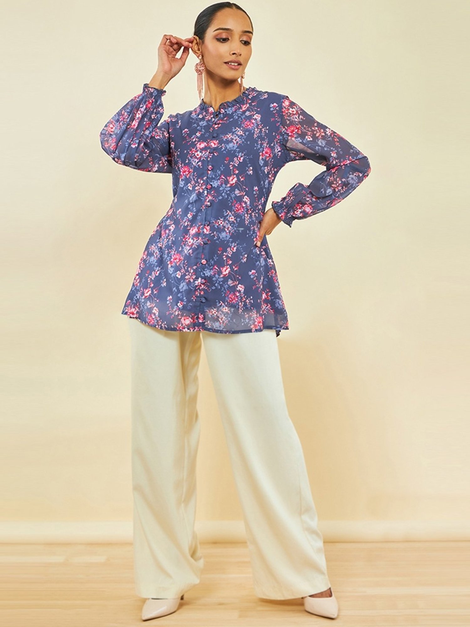 Soch Purple Georgette Floral Print Tunic with Puff Sleeves
