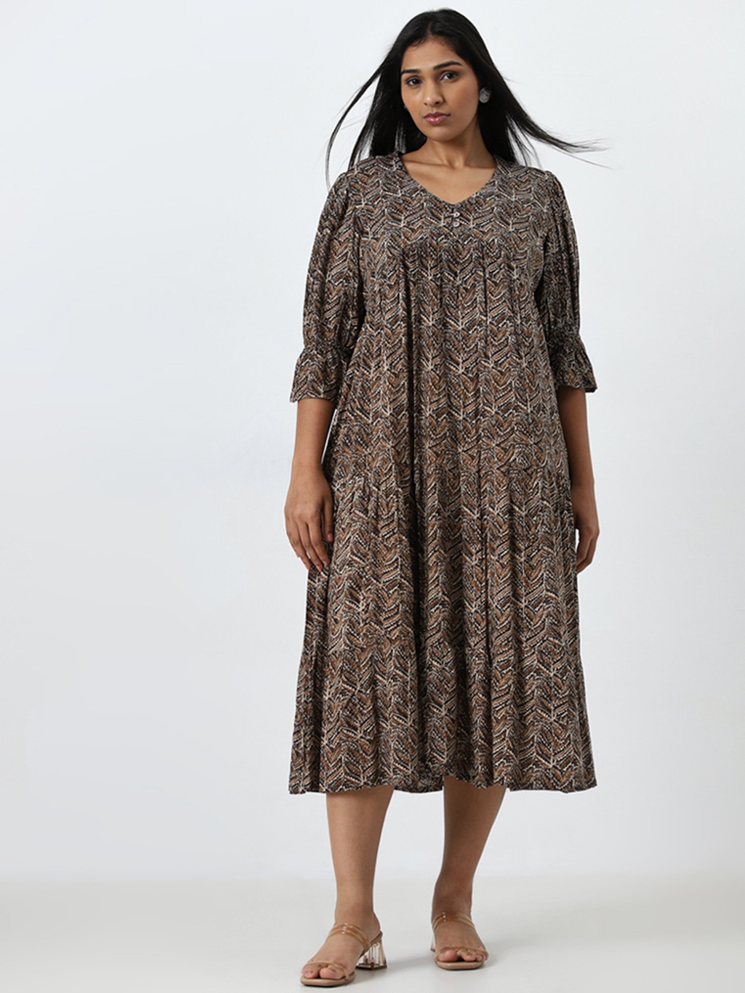 Diza by Westside Brown Leaf Printed Fit-and-Flare Tiered Dress