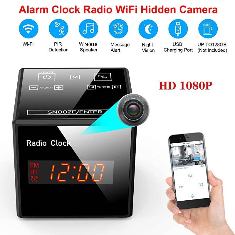Cam Spy Camera Alarm Clock FM Radio Bluetooth Speaker 1080P Nanny Cams Wireless with Phone App Night Vision Motion Detection Storage 128GB
