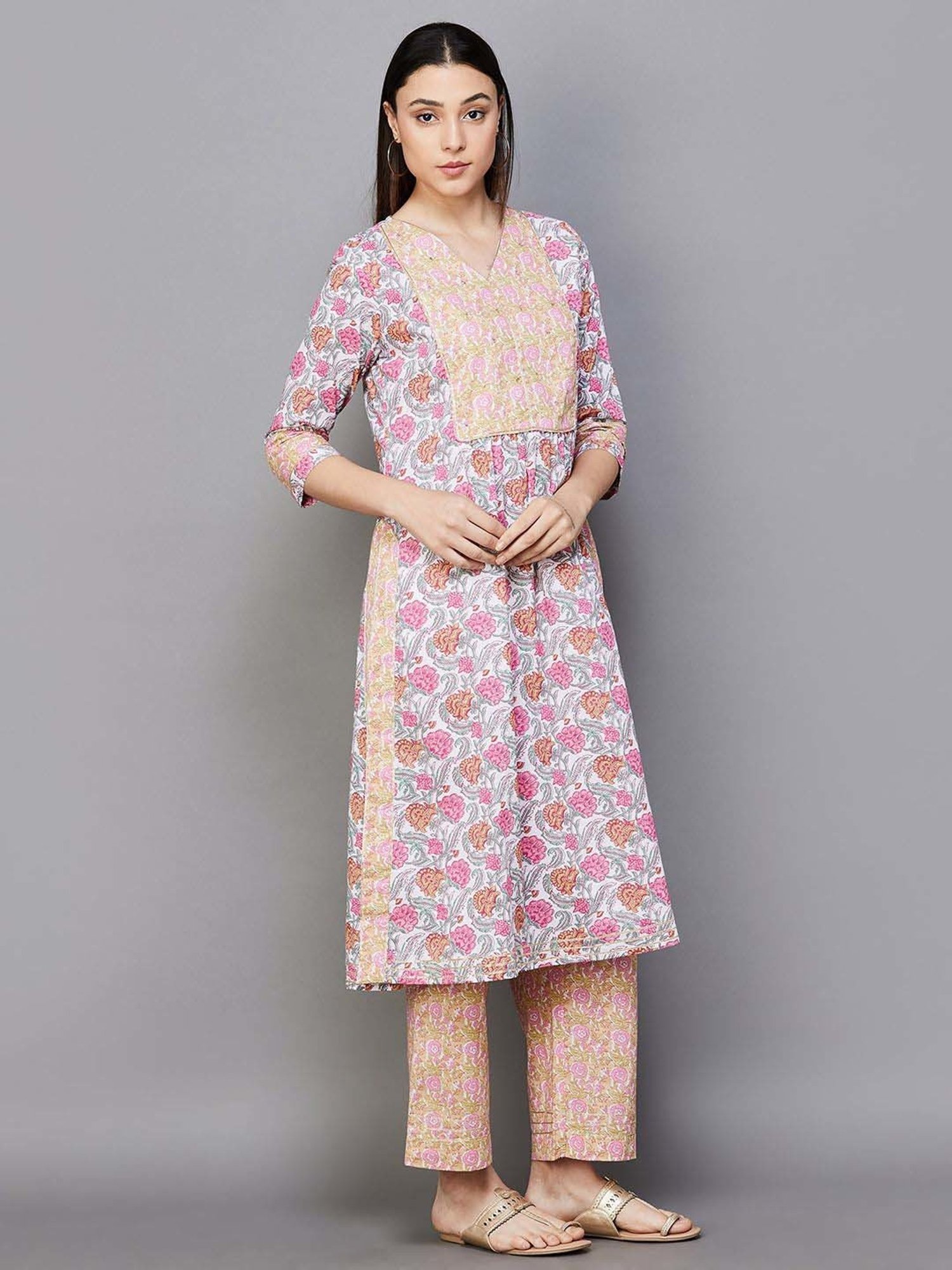 Melange by Lifestyle White & Peach Cotton Printed Kurta Palazzo Set