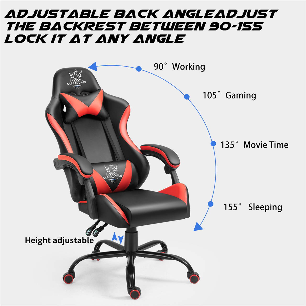 Labradores Gaming Chairs Ergonomic Office Chair Computer Game Recliner High-Back Racing Style Desk Chair Adjustable Backrest and Seat Height Swivel Rocker Headrest and Lumbar (Black/Red)