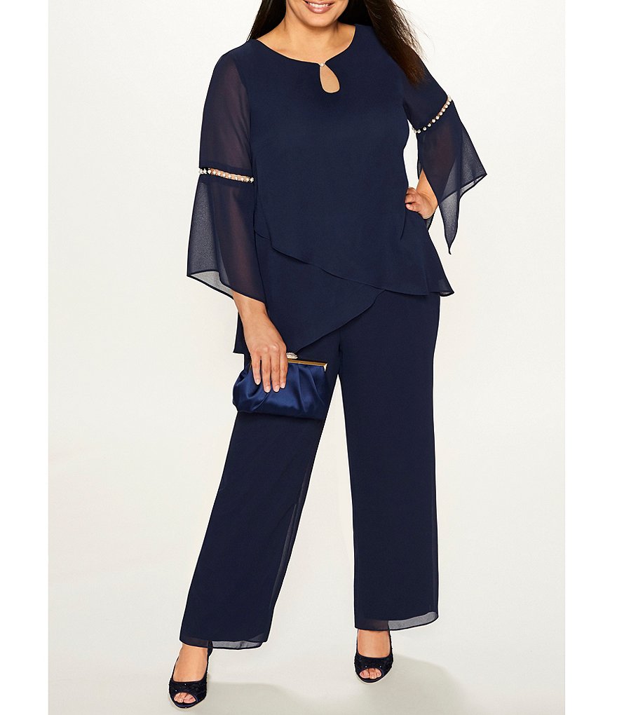 Le Bos Plus Size Jewel Neck Long Sleeve 2-Piece Tulip Front Pearl Trim Pant Set