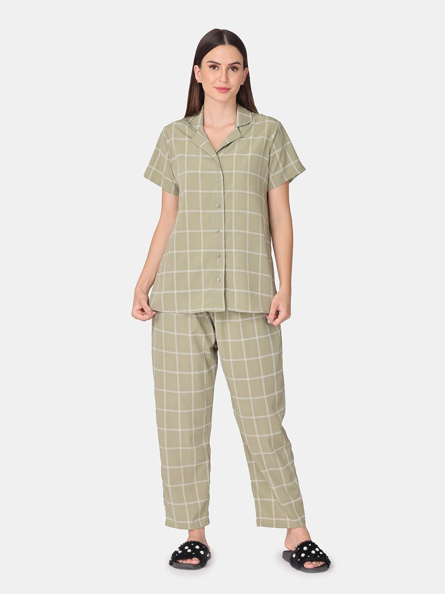 The Mom Store Green Check Feeding Shirt With Pyjamas