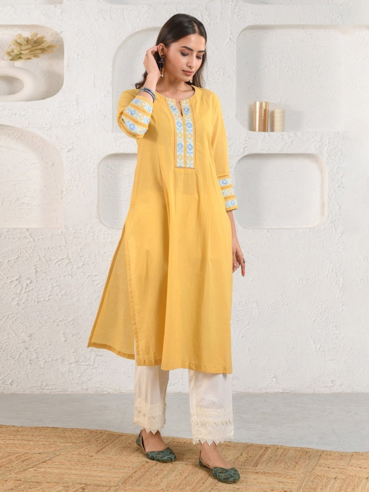Prakriti Jaipur Yellow Embroidered Dobby Kurta