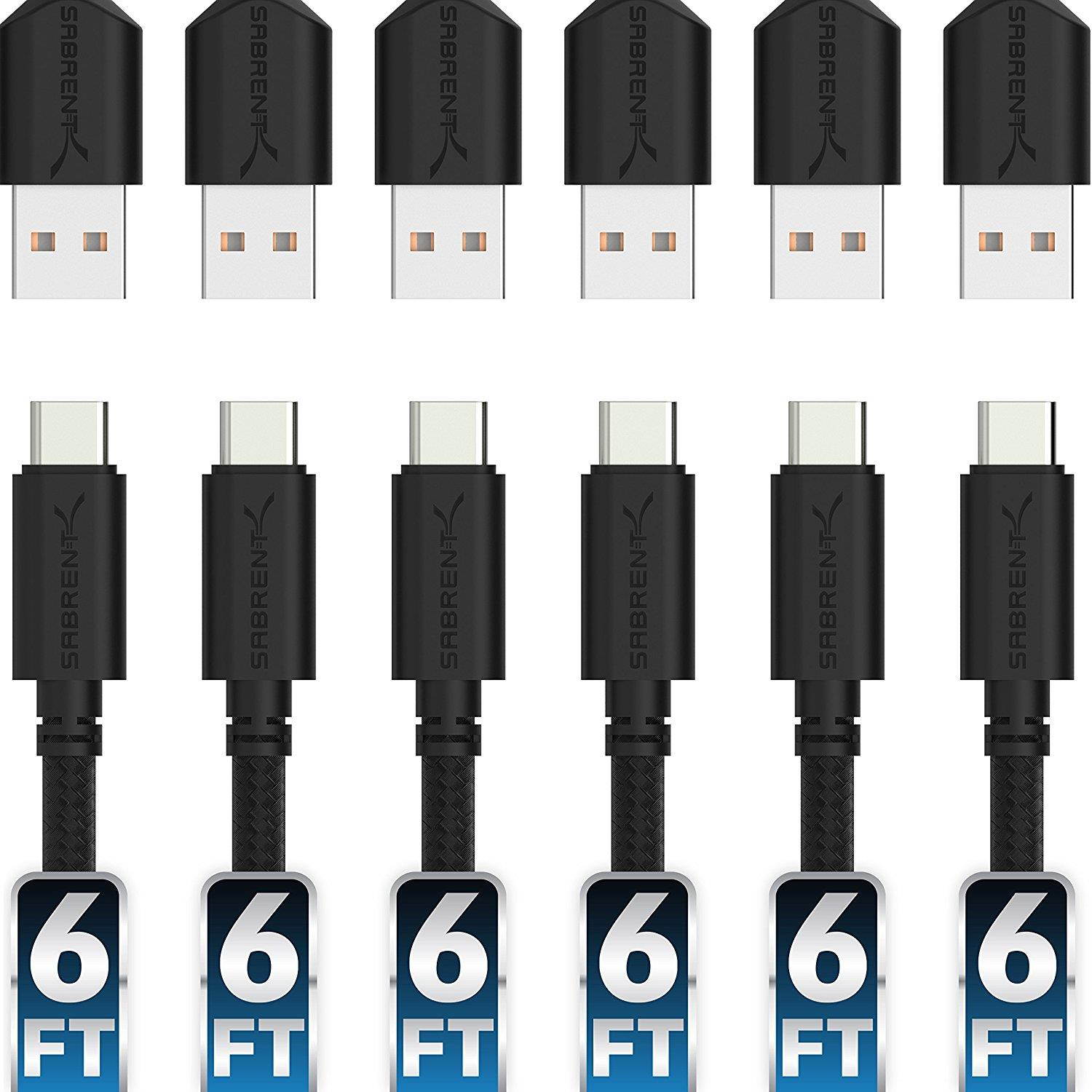 Sabrent [6-Pack] 22AWG Premium 6ft USB-C to USB A 2.0 Sync and Charge Cables [Black] (CB-C6X6)
