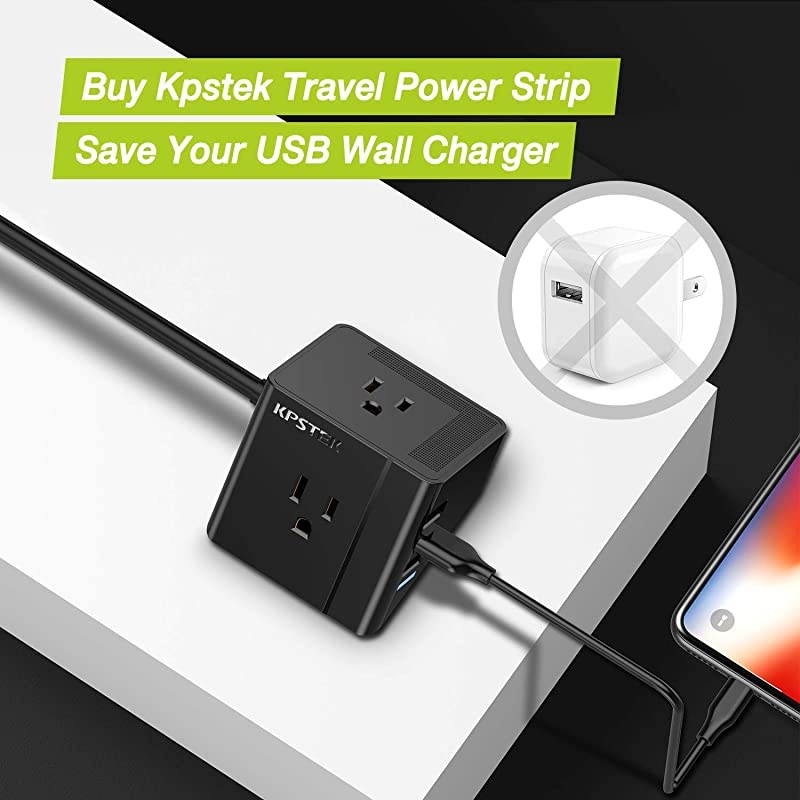 Power Strip Flat Plug with 3 USB 2 Outlet Desktop Charging Station with 5ft Extension Cord for Travel Dorm Room and Office Black KS2312