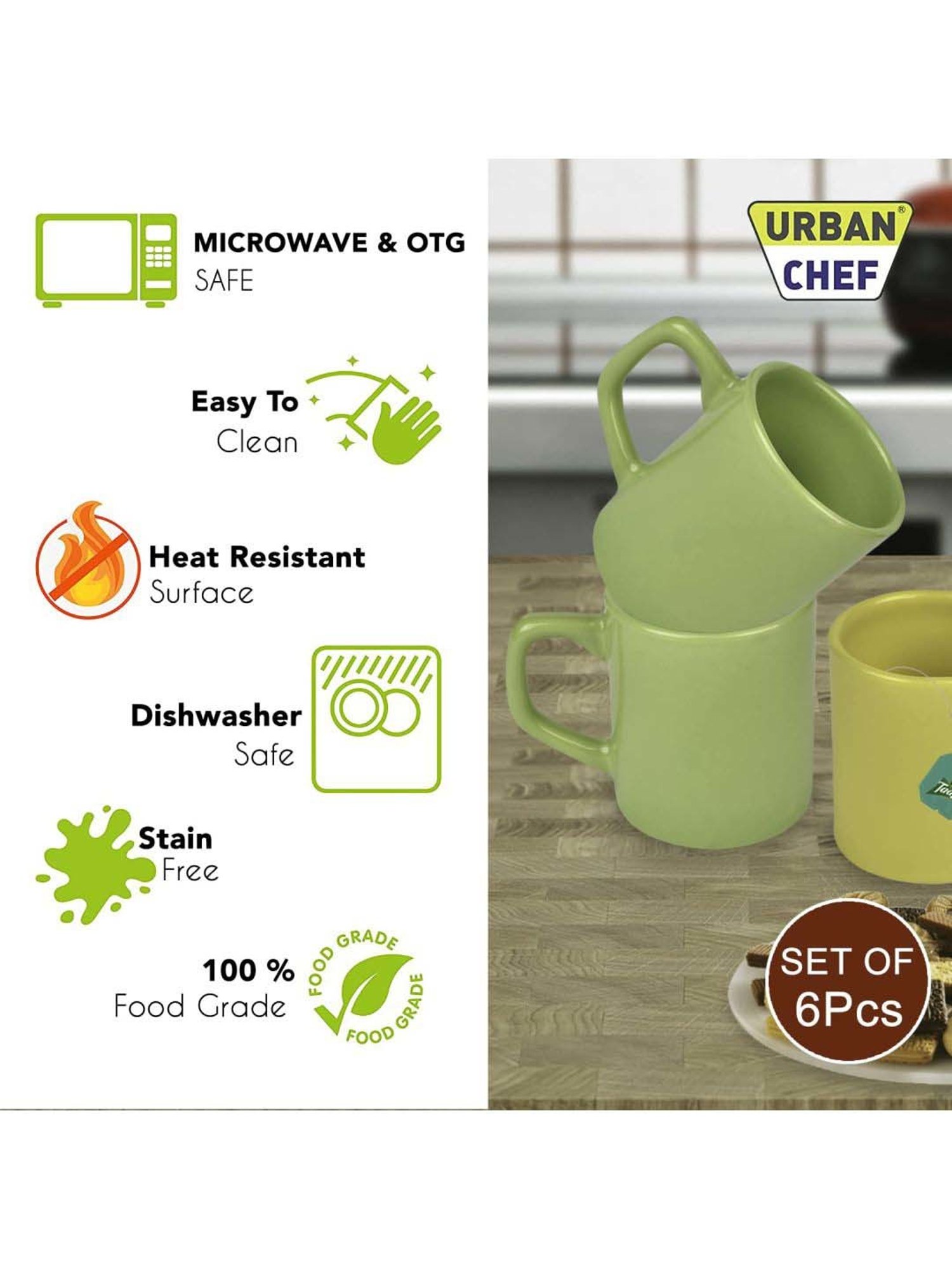 Urban Chef Parrot Green & Yellow Ceramic Droite Handcrafted Microwave Safe Cup - Set of 6