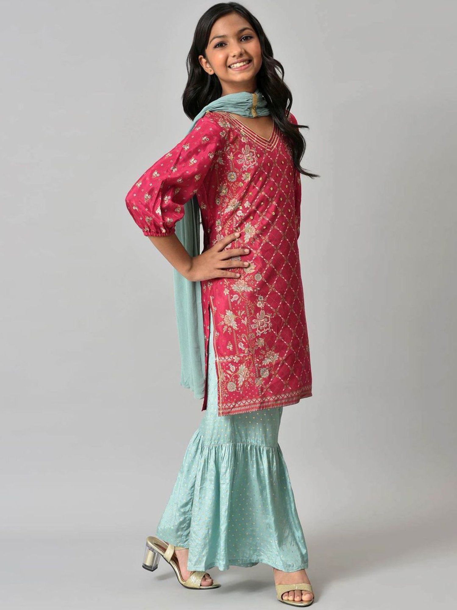Aurelia Kids Pink & Blue Embroidered Kurta Set