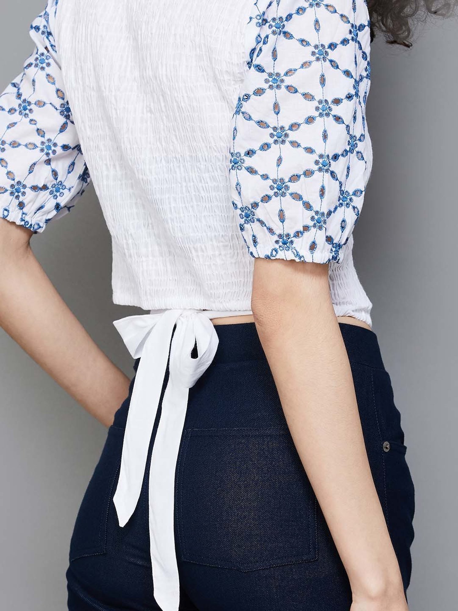 Colour Me by Melange Off-White Cotton Embroidered Crop Top