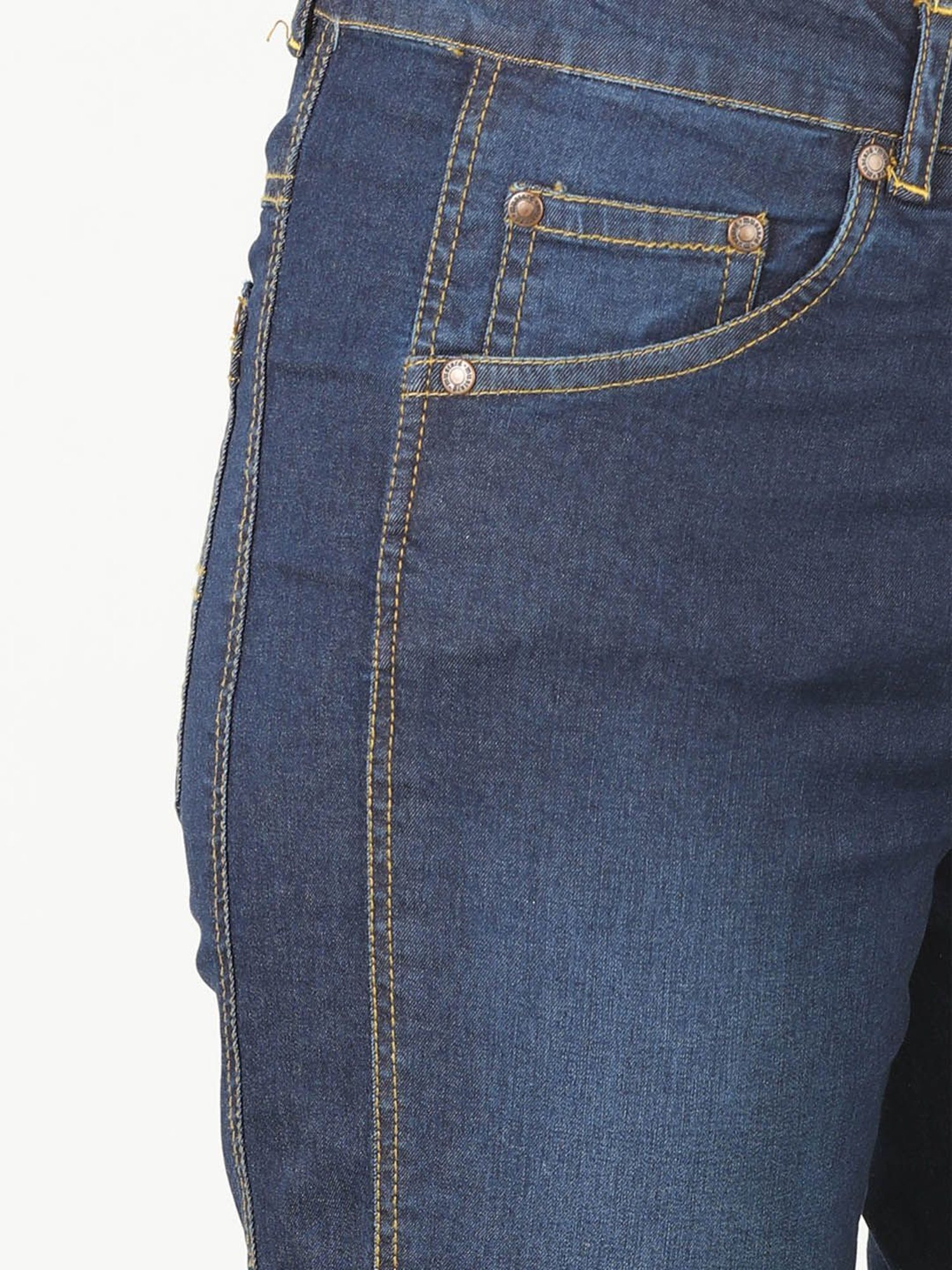 Mustard Dark Blue Cotton Slim Fit Mid Rise Jeans