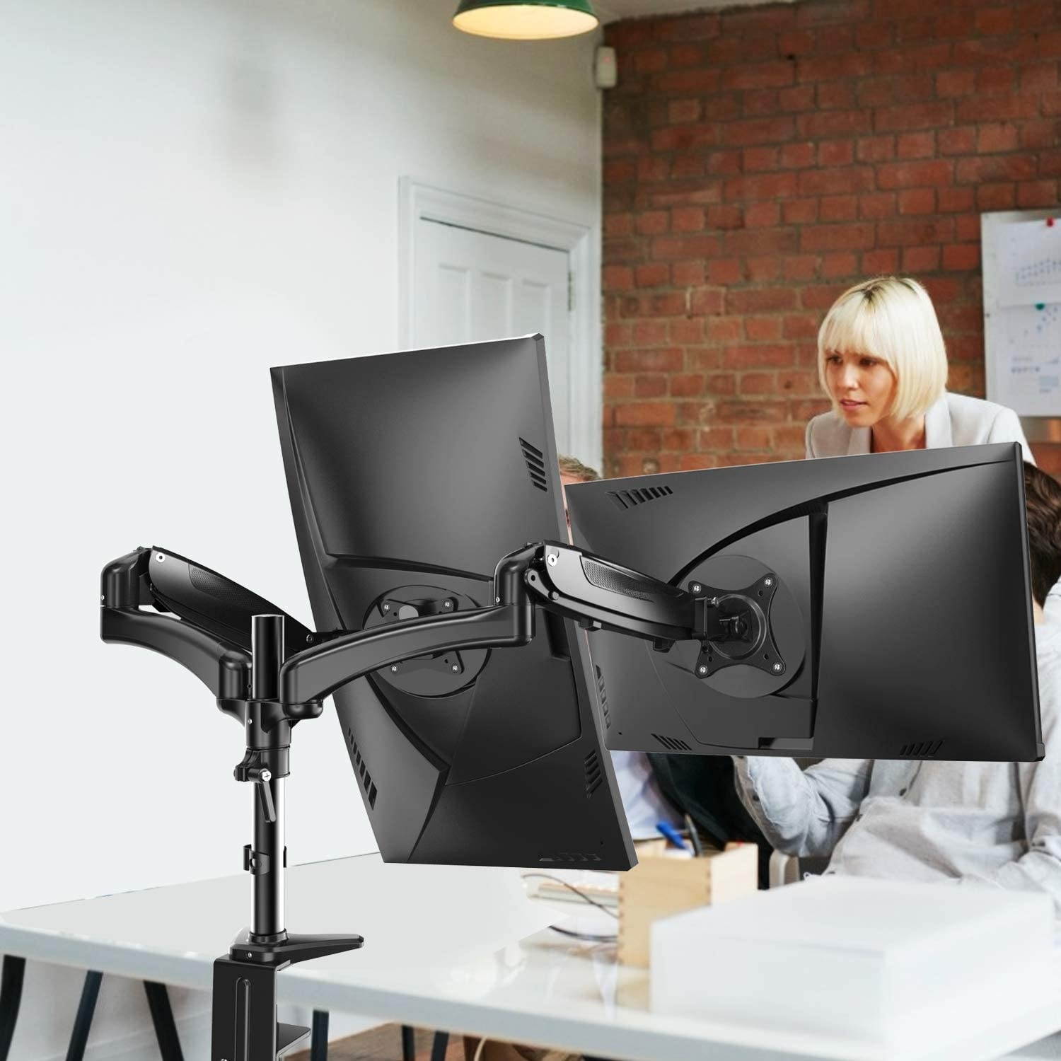 Dual Monitor Stand - Height Adjustable Gas Spring Monitor Desk Mount Fits 2 Flat/Curved Computer Screens 15 to 27 Inch, Double Articulating Arms Vesa Bracket with C Clamp, Grommet Mounting