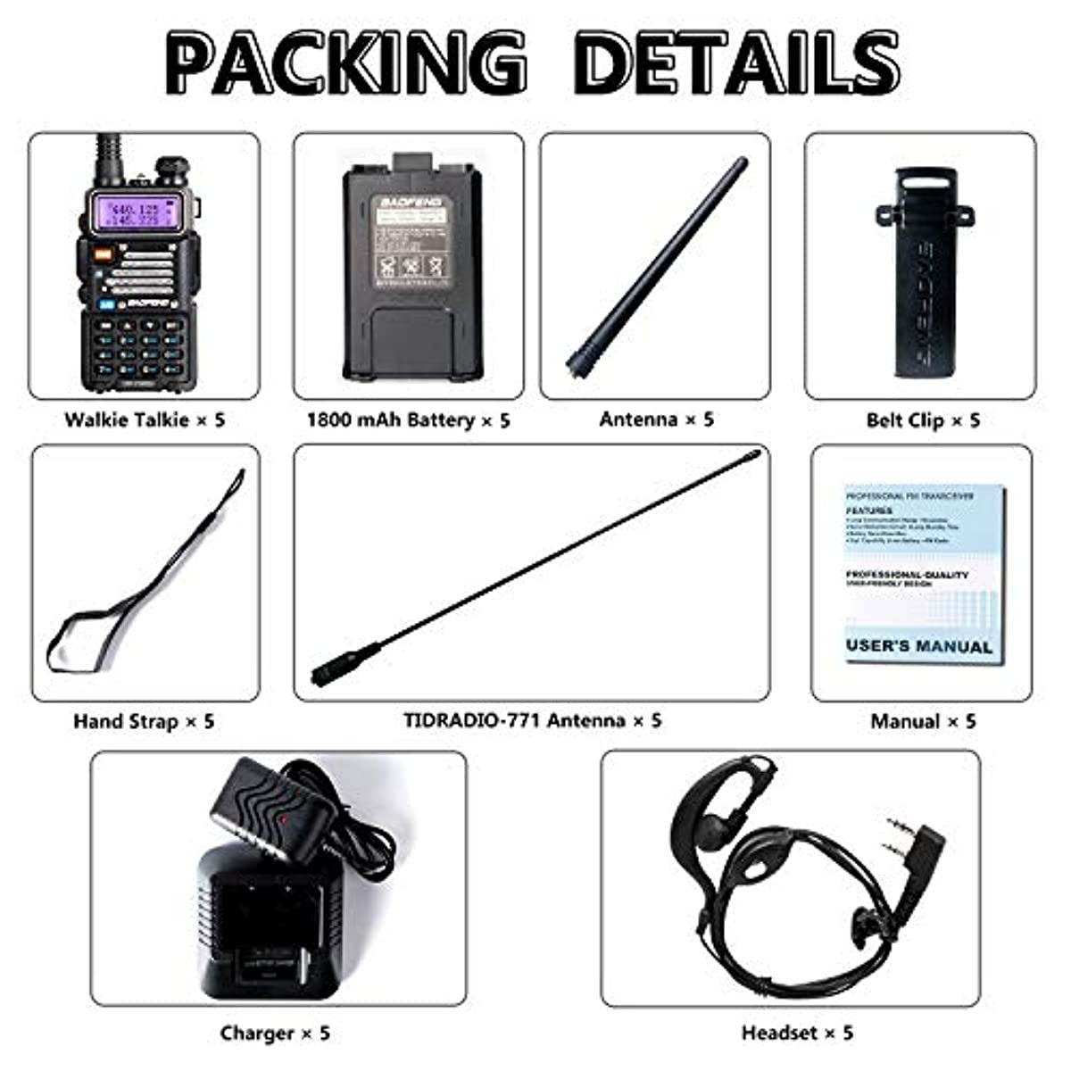 BaoFeng Radio High Power Upgraded Baofeng UV-5R Ham Radio Handheld Two Way Radios with TIDRADIO-771 Antenna Baofeng Walkie Talkies (5 Pack)