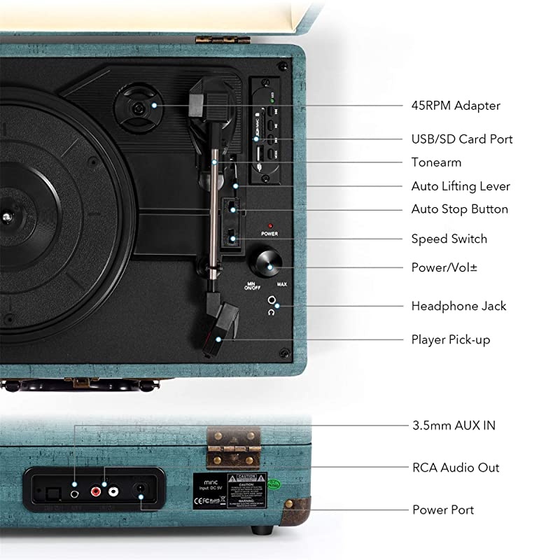 Record Player  Portable Record Player with Speakers 3 Speed BeltDrive Vinyl Turntable Record Player Suitcase for 71012inch Vinyl Records Support USBSD Vinyl Player