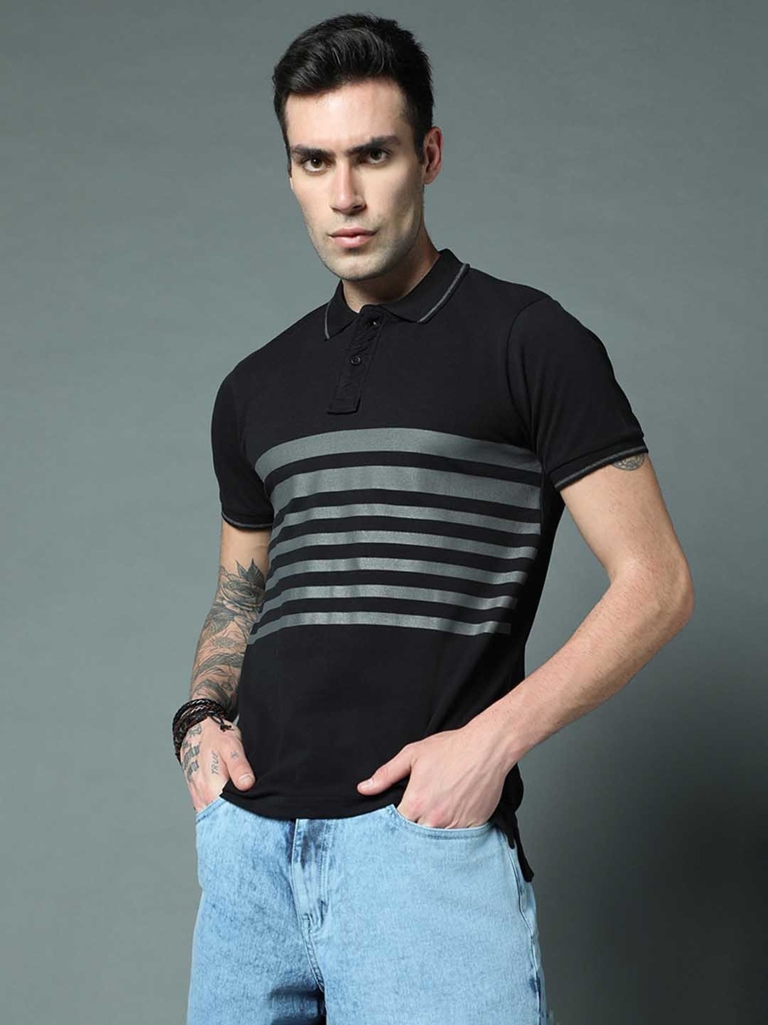 High Star Black Regular Fit Striped Polo T-Shirt