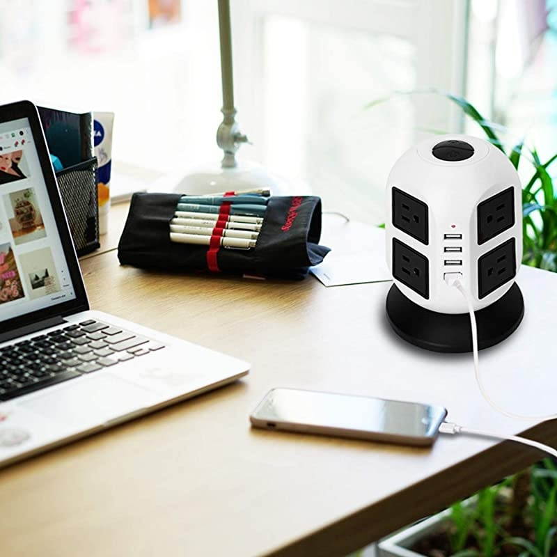 Power Strip Tower Surge Protector Electric Charging Station 2500W 10ASmart Extension Lead Socket 2M556ft Overload Protection 8 outlets and 4 USB Ports Universal SocketWhite