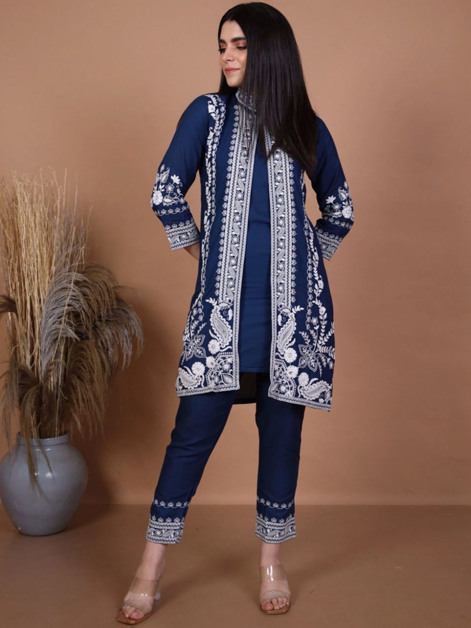 Autumnlane Teal Iris Tiffany Embroidered Tunic with Pant Co-ord Set