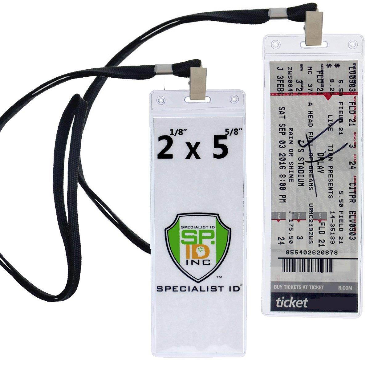5 Pack -Ticket Stub Holder Display Sleeves with Lanyards - 2 ? X 5 ? Inch TICKETMASTER Compatible - Clear Flexible Vinyl Plastic Holder Pouch for Concerts & Sports by Specialist ID