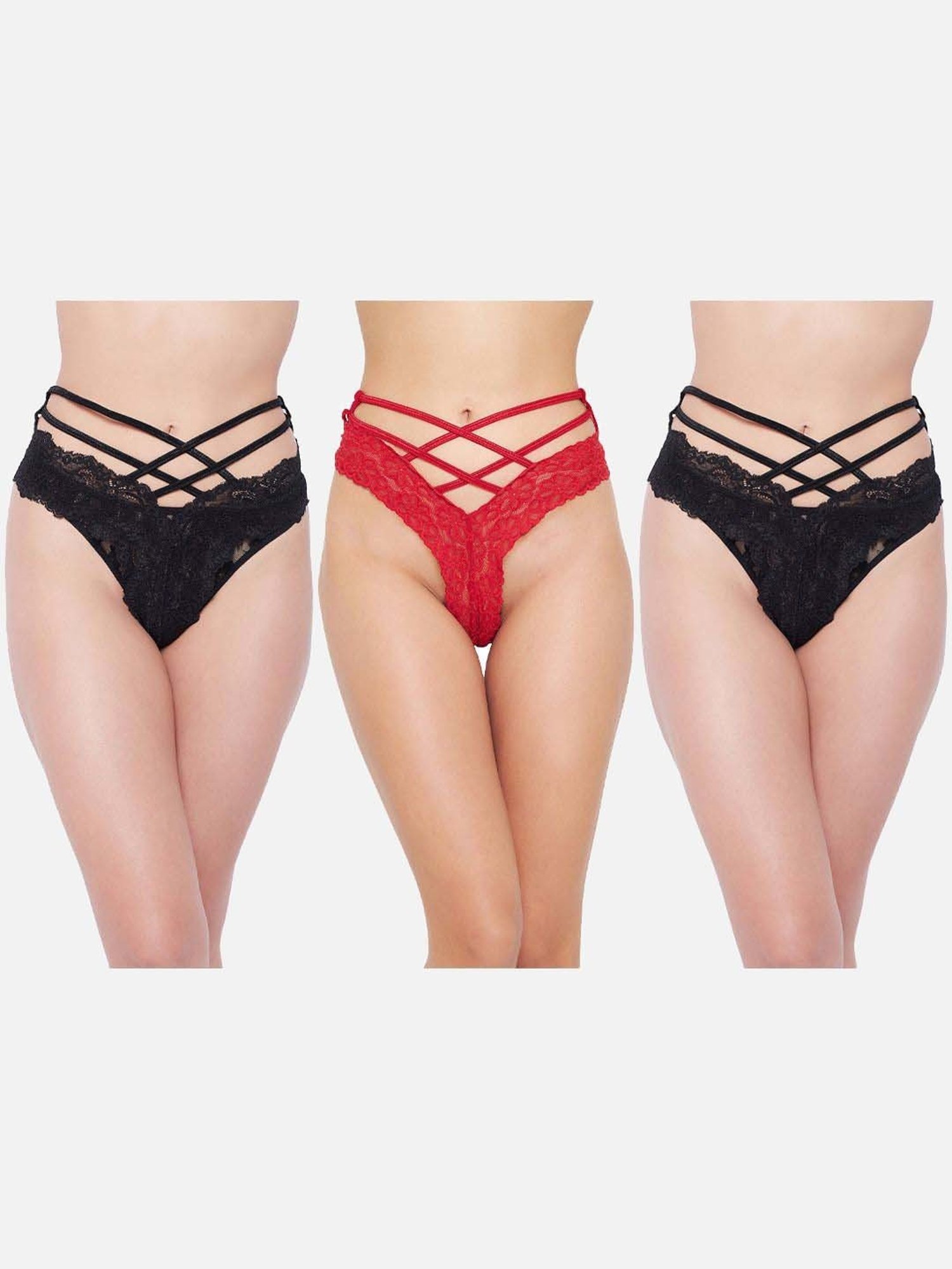 Secrets By ZeroKaata Black & Red Lace Work Hipster Panty - Pack Of 3