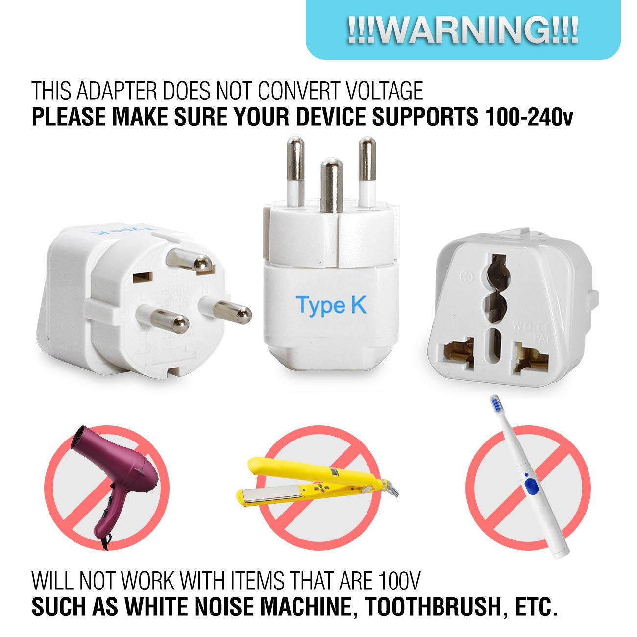 Ceptics Grounded Denmark Travel Plug Adapter (Type K), Universal Socket Plug Accepts Plugs From any Country, Perfect for Cell Phones, Laptops, Chargers and More - 3 Pack (GP-20)