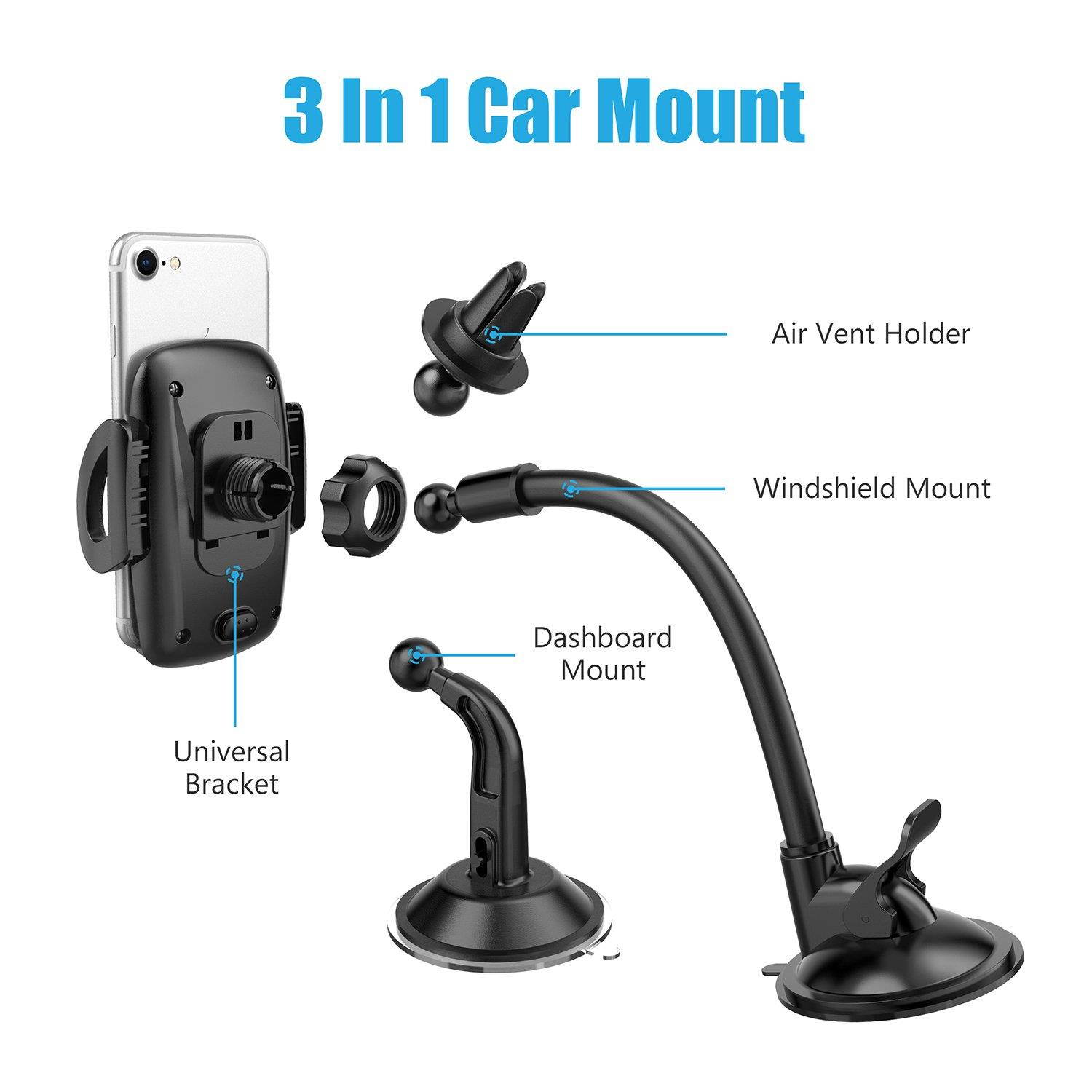 Phone Holder for Car, WizGear 3-in-1 Universal Car Phone Mount, Cell Phone Car Mount Air Vent Holder with Dashboard Mount and Windshield Mount for Cell Phones