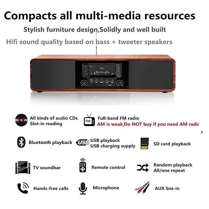CD Player for Home with Bluetooth Stereo System Wooden Desktop Speakers FM Radio USB SD AUX Remote Control, 28 Inch Long 20 Pounds Weight