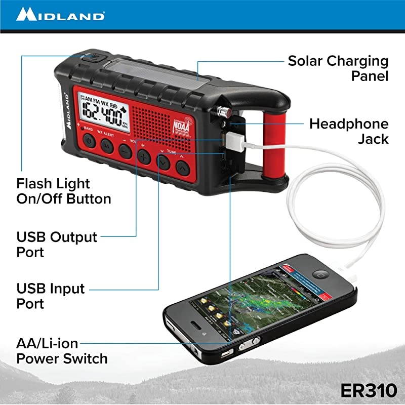 ER310 Emergency Crank Weather AMFM Radio Multiple Power Sources SOS Emergency Flashlight Ultrasonic Dog Whistle NOAA Weather Scan + Alert RedBlack