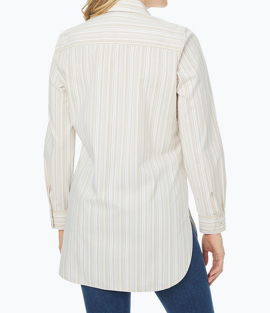 Foxcroft Plus Size Vera Point Collar Neck Long Sleeve Striped Shirt