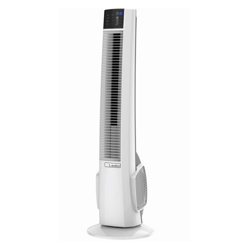 Lasko LKO-T38400 4 Speed Bladeless Multi Function Remote Control Indoors Oscillating Hybrid Tower Floor Fan with 8 Hour Timer, White