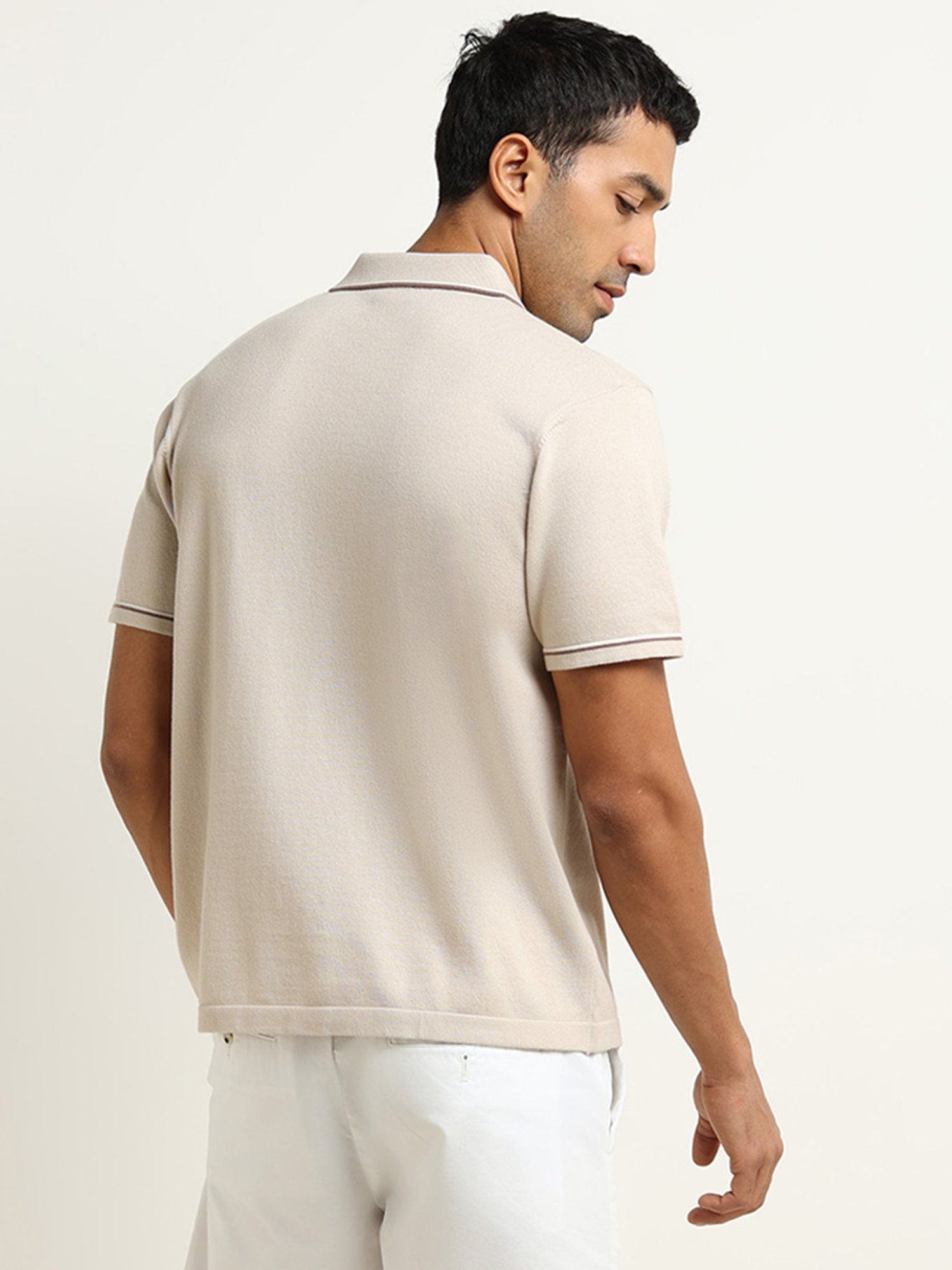 Ascot by Westside Beige Striped Knit Relaxed Fit Shirt