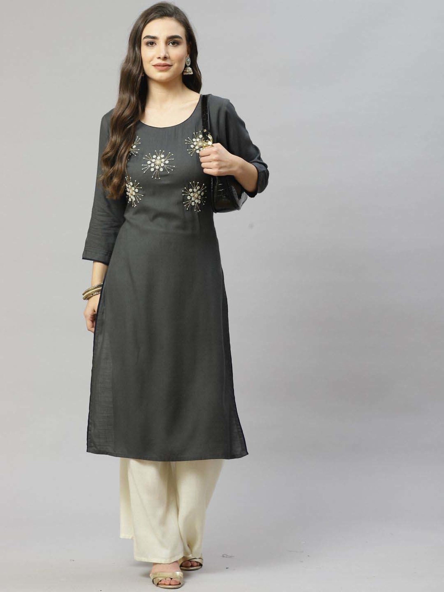 HIGHLIGHT FASHION EXPORT Grey Embellished Straight Kurta