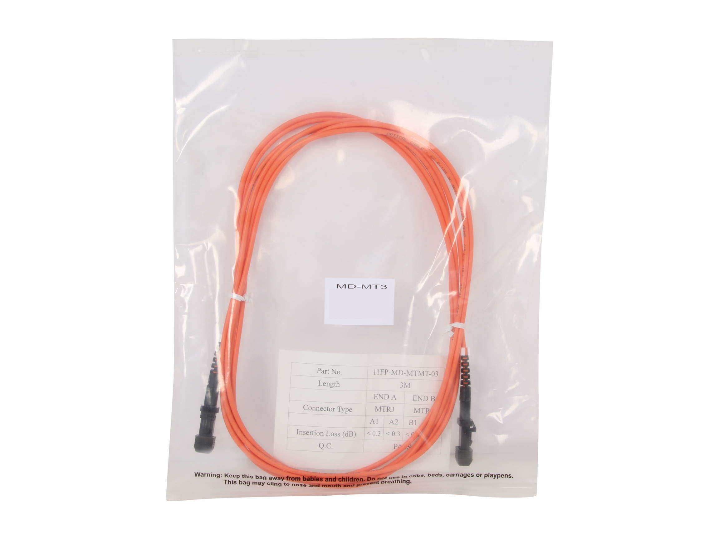 BYTECC MD-MT3 3m MTRJ to MTRJ Duplex (2 Strand) Cable, Multi Mode 62.5/125 Standard Zipcore