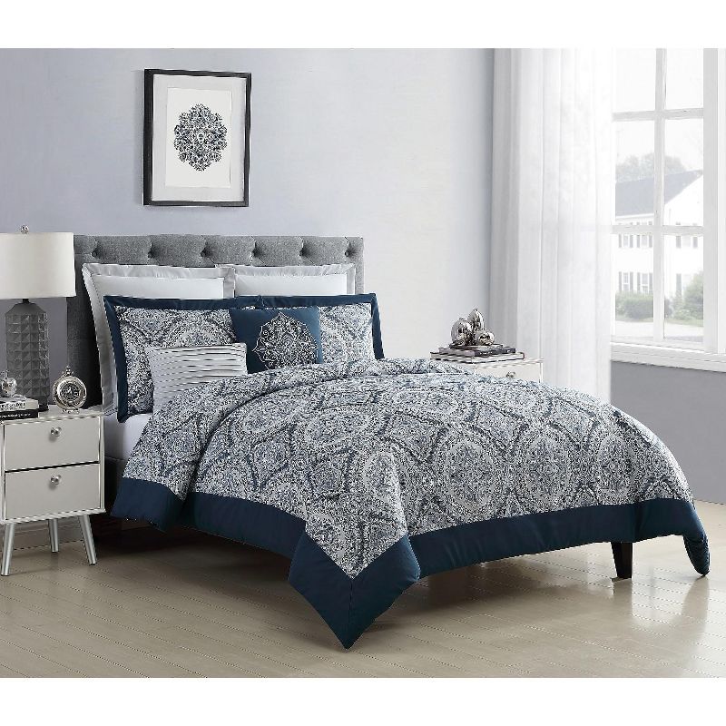 VCNY Home Yorkshire Jacquard Navy Medallion Comforter Set - Blue 7 Piece King
