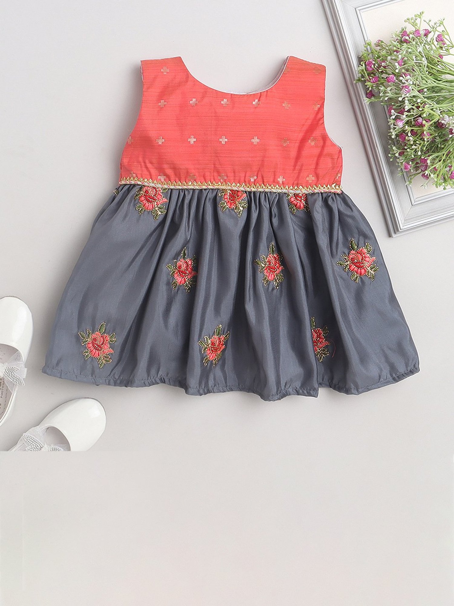 Many Frocks Kids Peach & Grey Embroidered Dress
