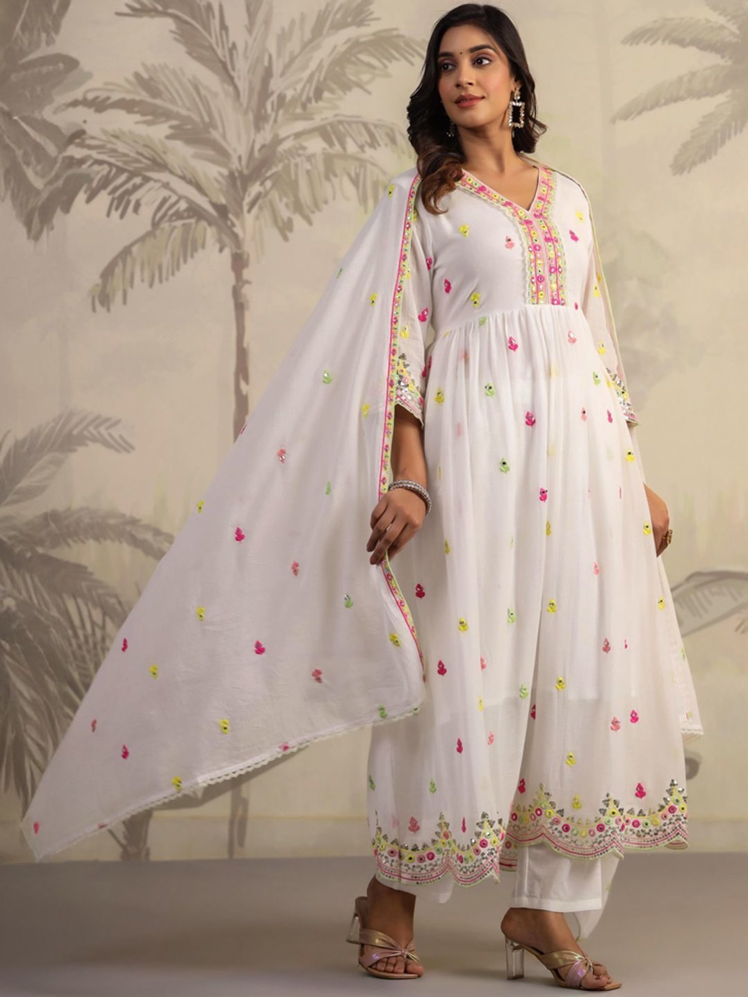 SCAKHI White Cotton Embroidered Kurta Pant Set With Dupatta