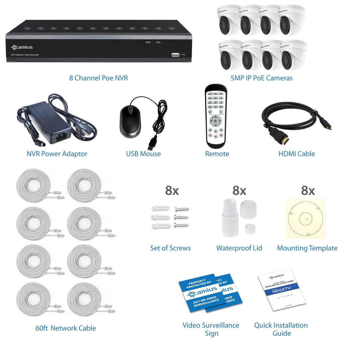 Camius 8 Channel NVR Security System w/ 3TB HDD, 8 Wired 5MP Audio Video IP PoE Dome Cameras 116 diagonal & 92 degrees horizontal view, Mac, PC Software, Browser, iOS, Android Phone App 8P8I3T