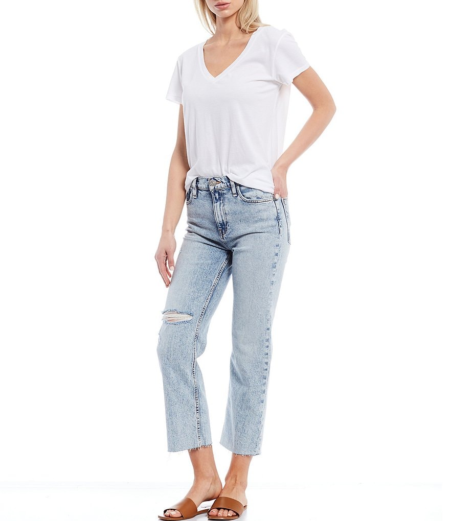 Hudson Jeans Remi High Rise Straight Raw-Hem Destruction Detail Crop Jeans