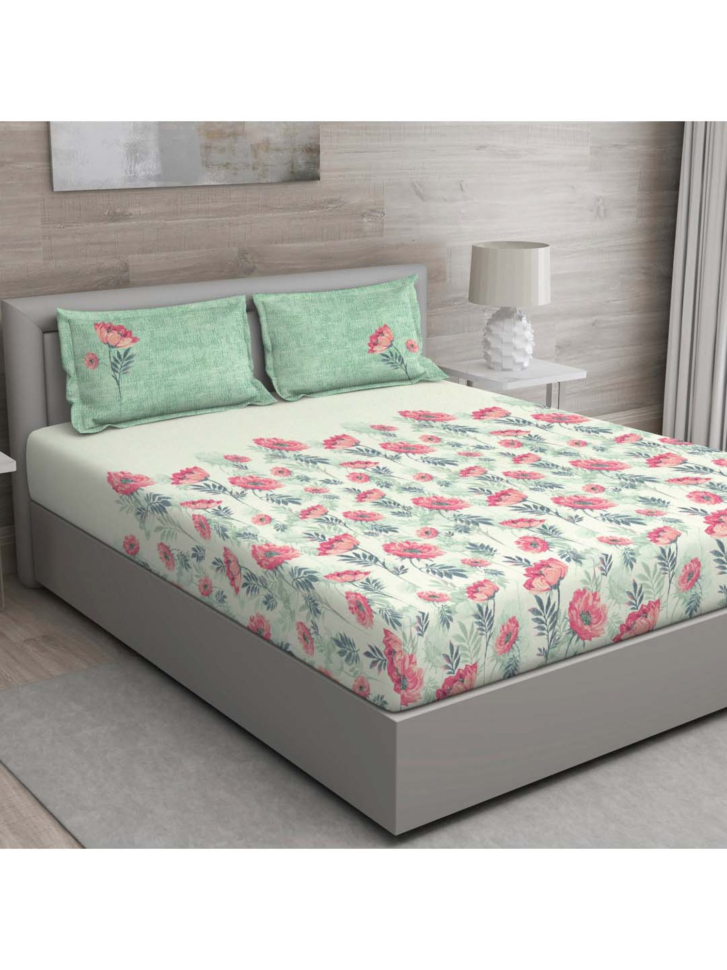 GM Light Green & Pink 100% Cotton 144 TC Queen Bedsheet Set