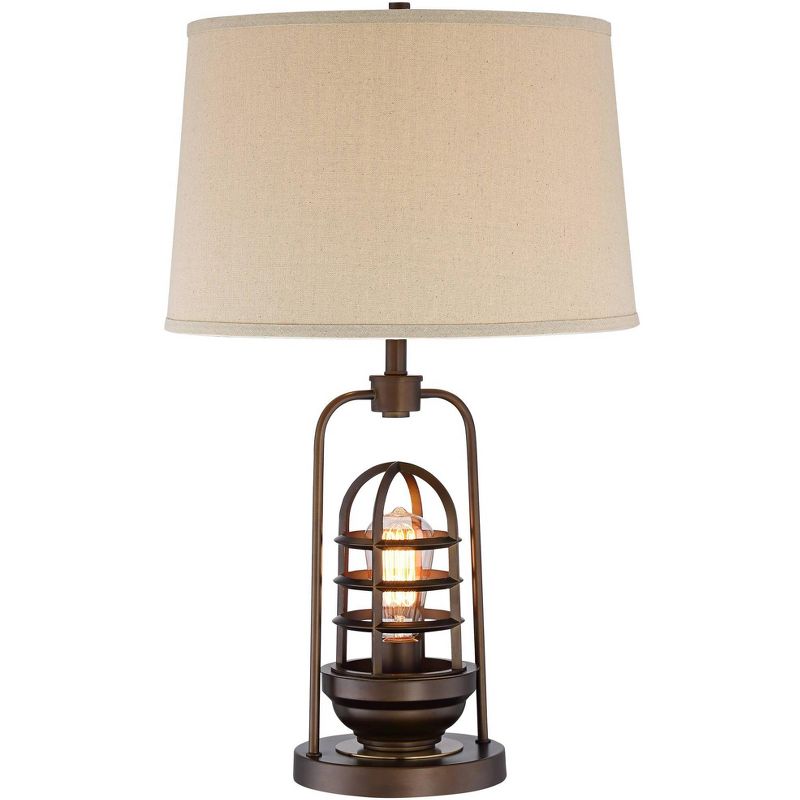 Possini Euro Design Industrial Table Lamp Oil Rubbed Bronze Clear Glass Burlap Tapered Drum Shade for Living Room Bedroom Bedside