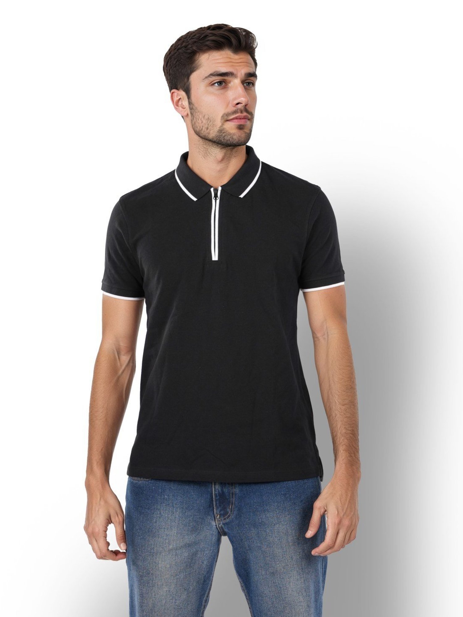 Celio* Black Cotton Regular Fit Polo T-Shirt