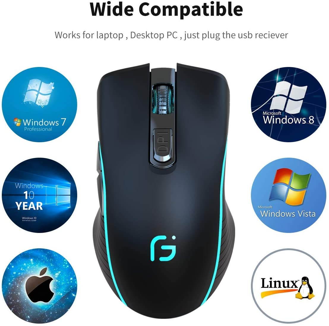 Silent Click Wireless Mouse for Laptop - Light up Rechargeable USB Cordless Mice for Computer, 3 DPI up to 2400, [Queit] Comfort & Smooth LED RGB Mouse for PC Tablet Chromebook Microsoft Windows Mac
