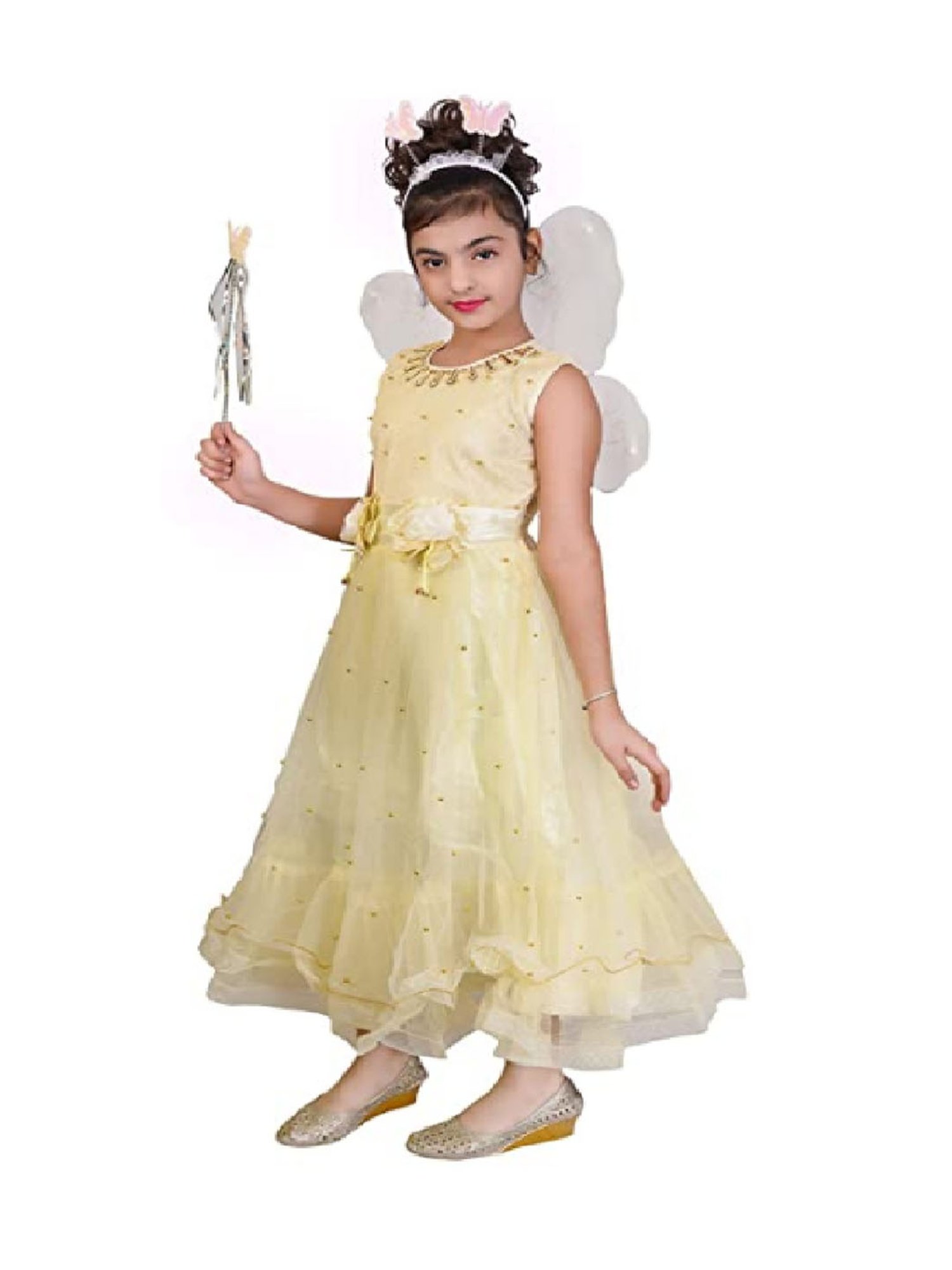 Ahhaaaa Kids Beige Embellished Dress, Wings, Hair Band with Fairy Stick