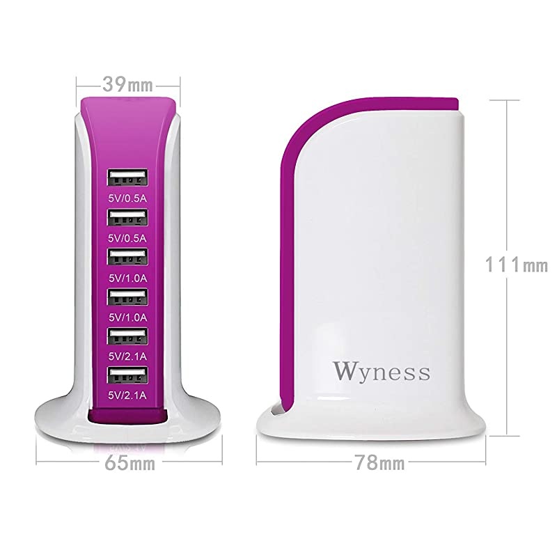 Tower Power Adapter 6-Port Smart IC Tech Charging Station with Quick Charge 2.1 for Phone, Tablets, and More (Rose Red)