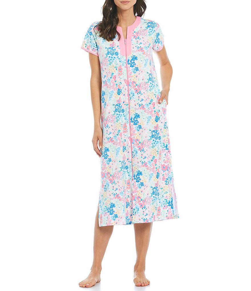 Miss Elaine Floral Print Zip-Front Long Robe